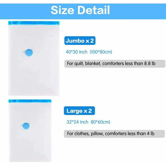 Vacuum storage bag set with two size pouches, blue zip seal