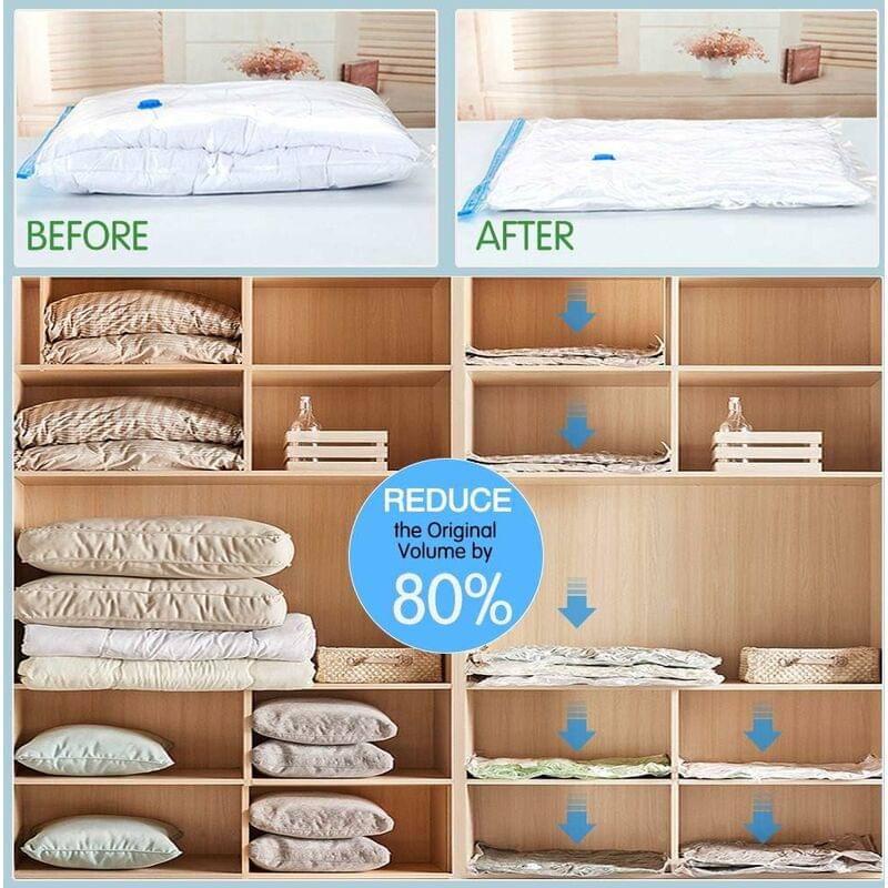 Clear vacuum storage bags holding folded bedding, compressed for space saving