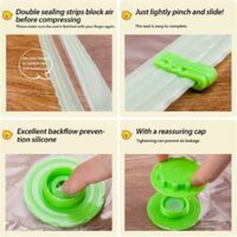 Vacuum bag sealing strip and valve detail in green on clear plastic