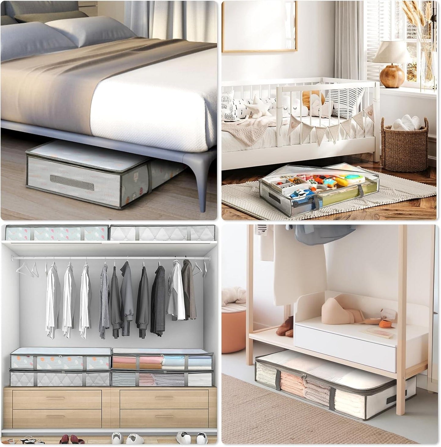Under-bed storage containers with clear panels and gray handles, holding household items