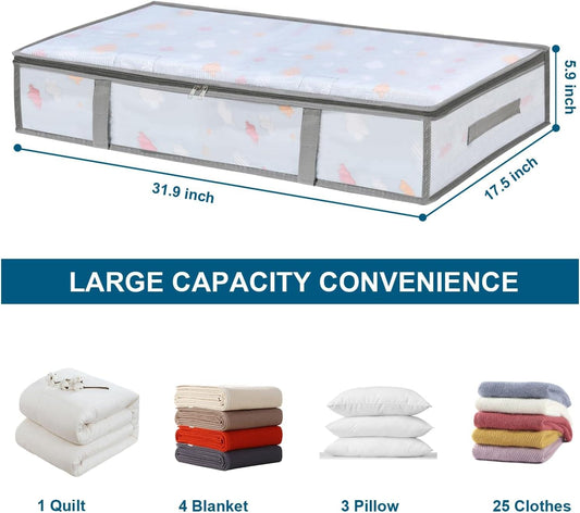 Clear under-bed storage container with translucent cover and side pockets