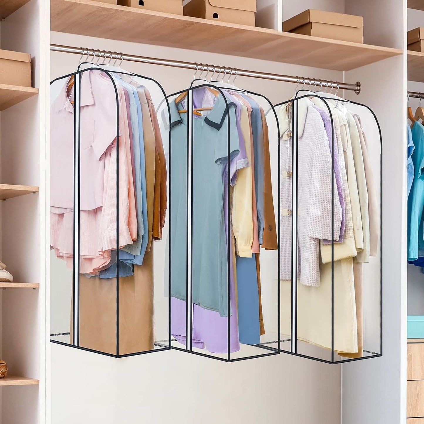 Hanging garment bags with metal frame and clear front panels