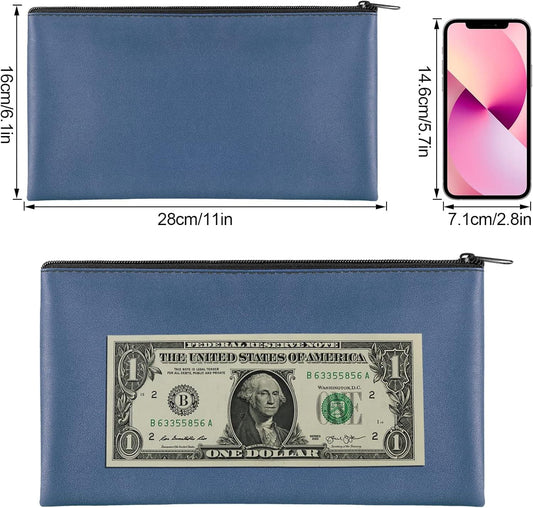 Navy zippered cash and check pouch with front zipper and rectangular shape