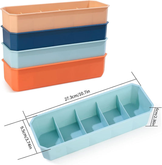 Stackable sock and underwear storage boxes with open tops in blue and orange