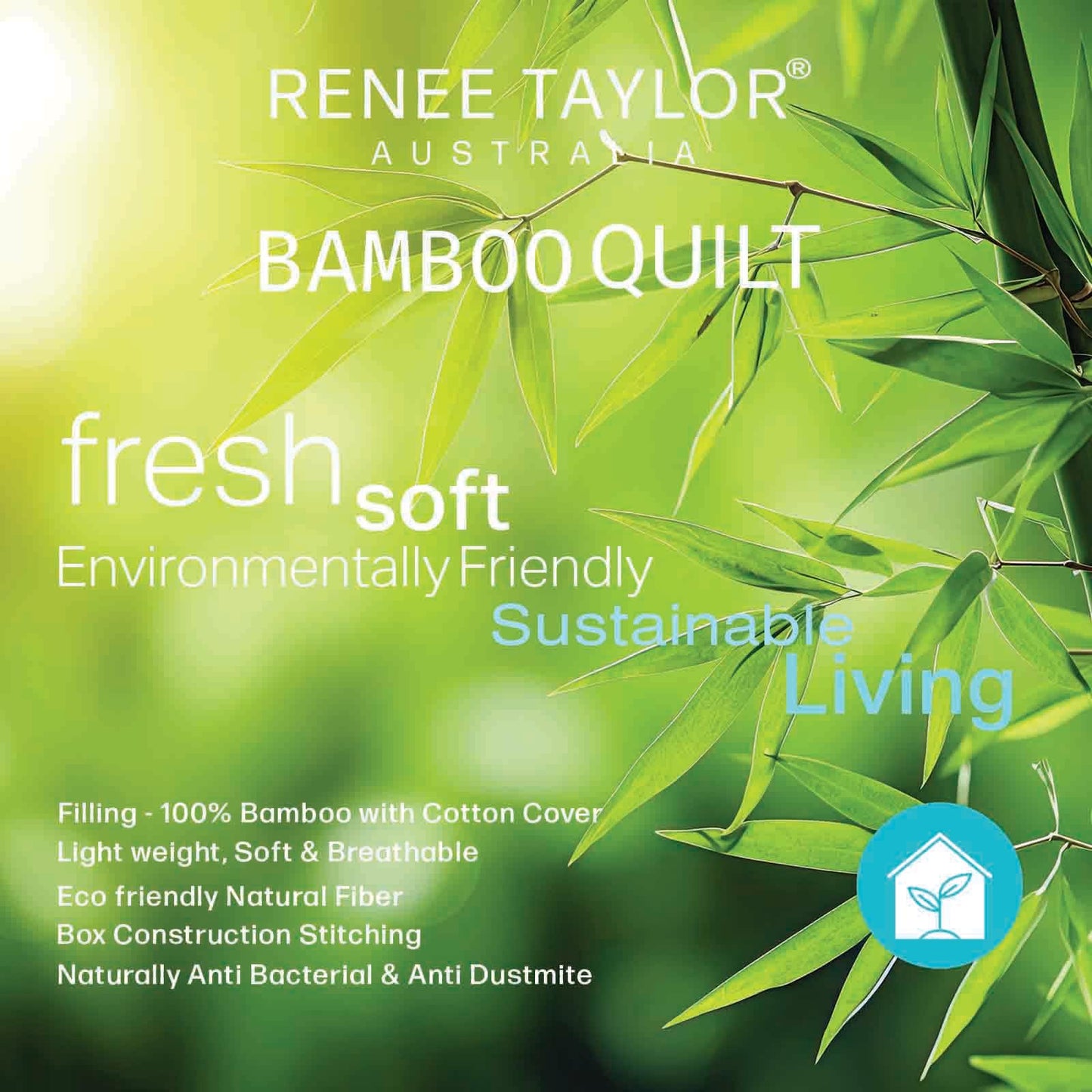 Renee Taylor Bamboo quilt promotional graphic with fresh soft sustainable living text