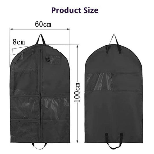 Black hanging garment bag with top handles and front divider, front view