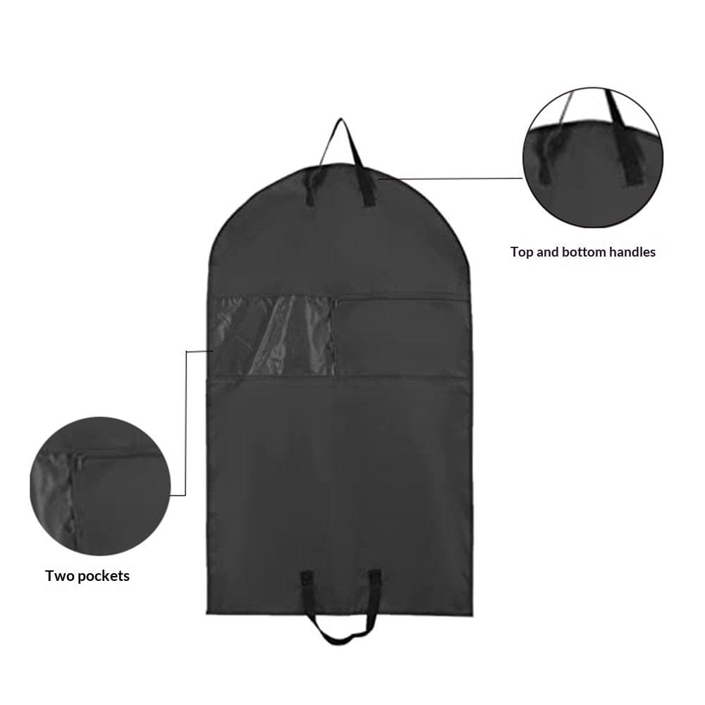 Black hanging garment bag with top handles, two front pockets, and bottom strap