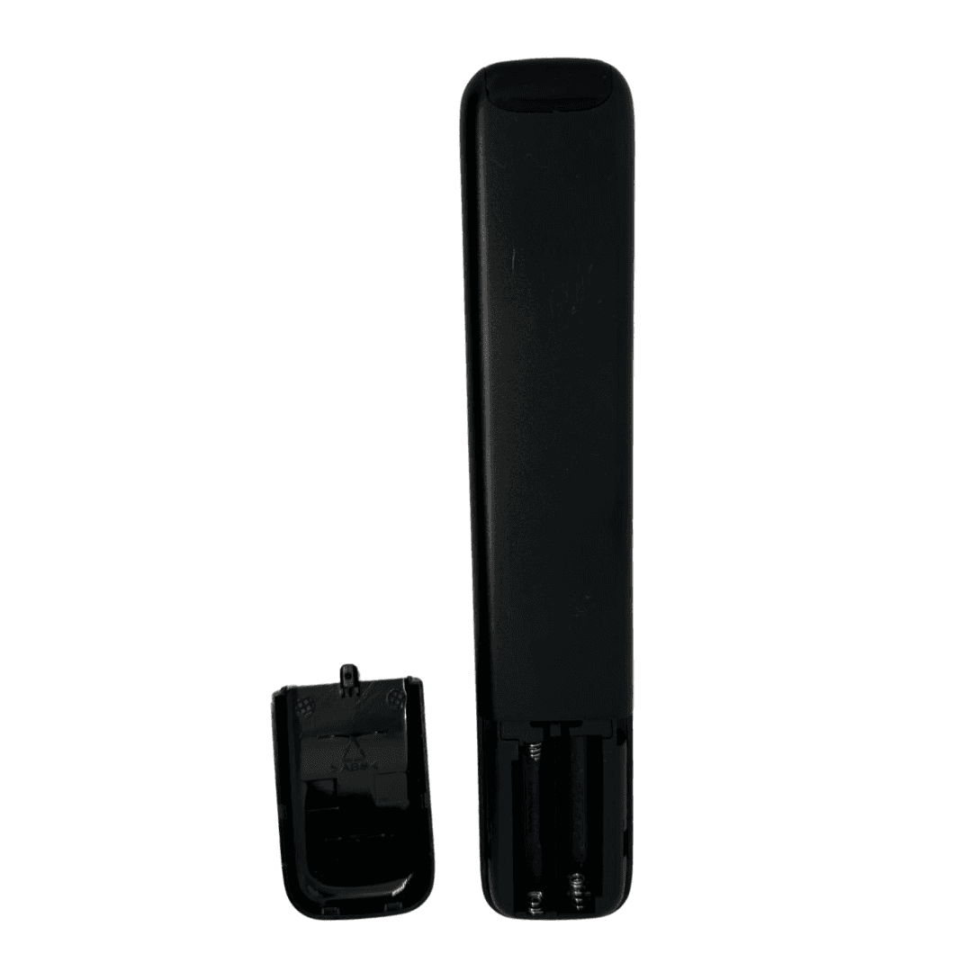 Smart TV remote control with battery cover removed, black body