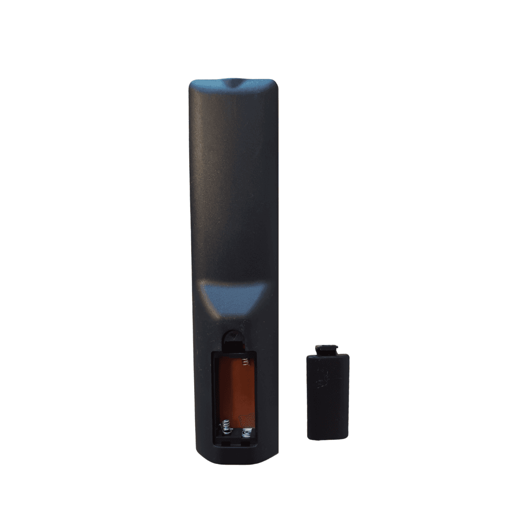 Black remote control with detachable battery cover and small battery pack