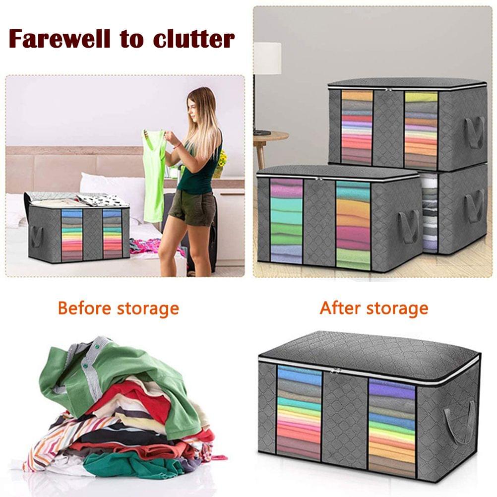 Gray fabric clothing storage cubes with clear window panels and rainbow striped inner inserts