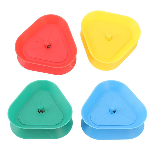 Triangle spring card holders in red, yellow, green, and blue, each with a center pin