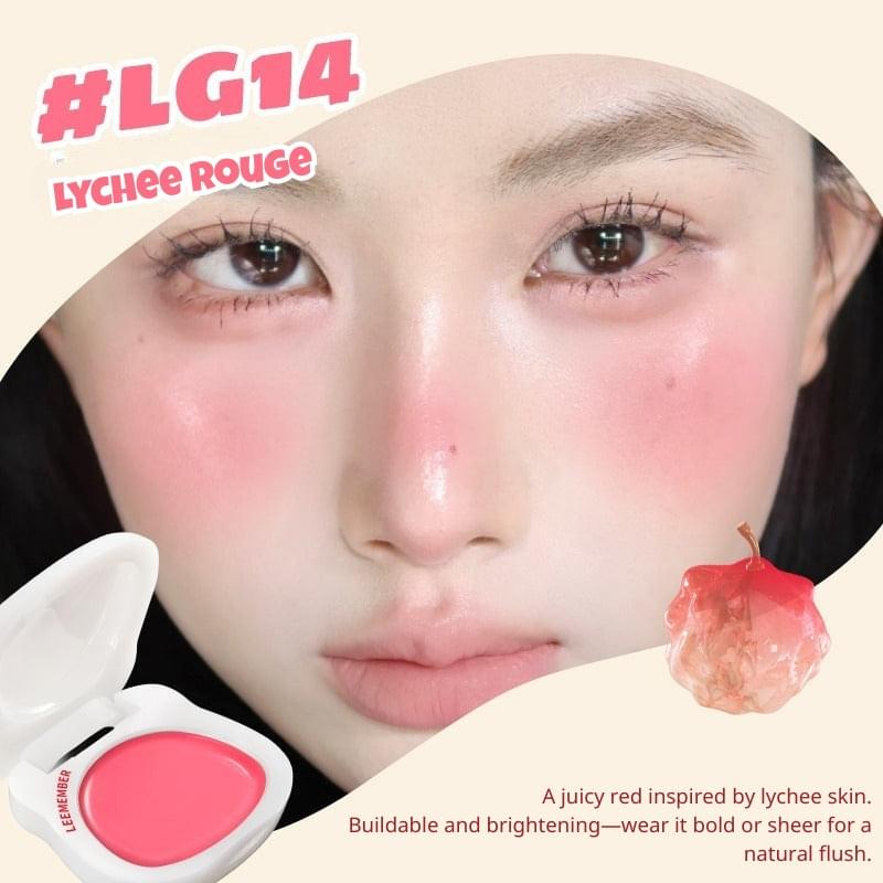LEEMEMBER Lychee blush balm #LG14 Lychee Rouge, bright red shimmer balm in white compact