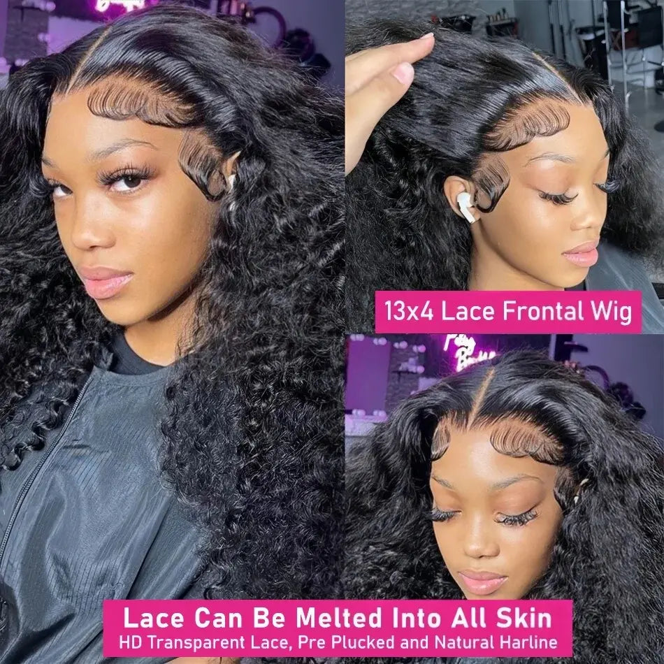 Black curly lace frontal wig close-up, pre-plucked hairline and temple part