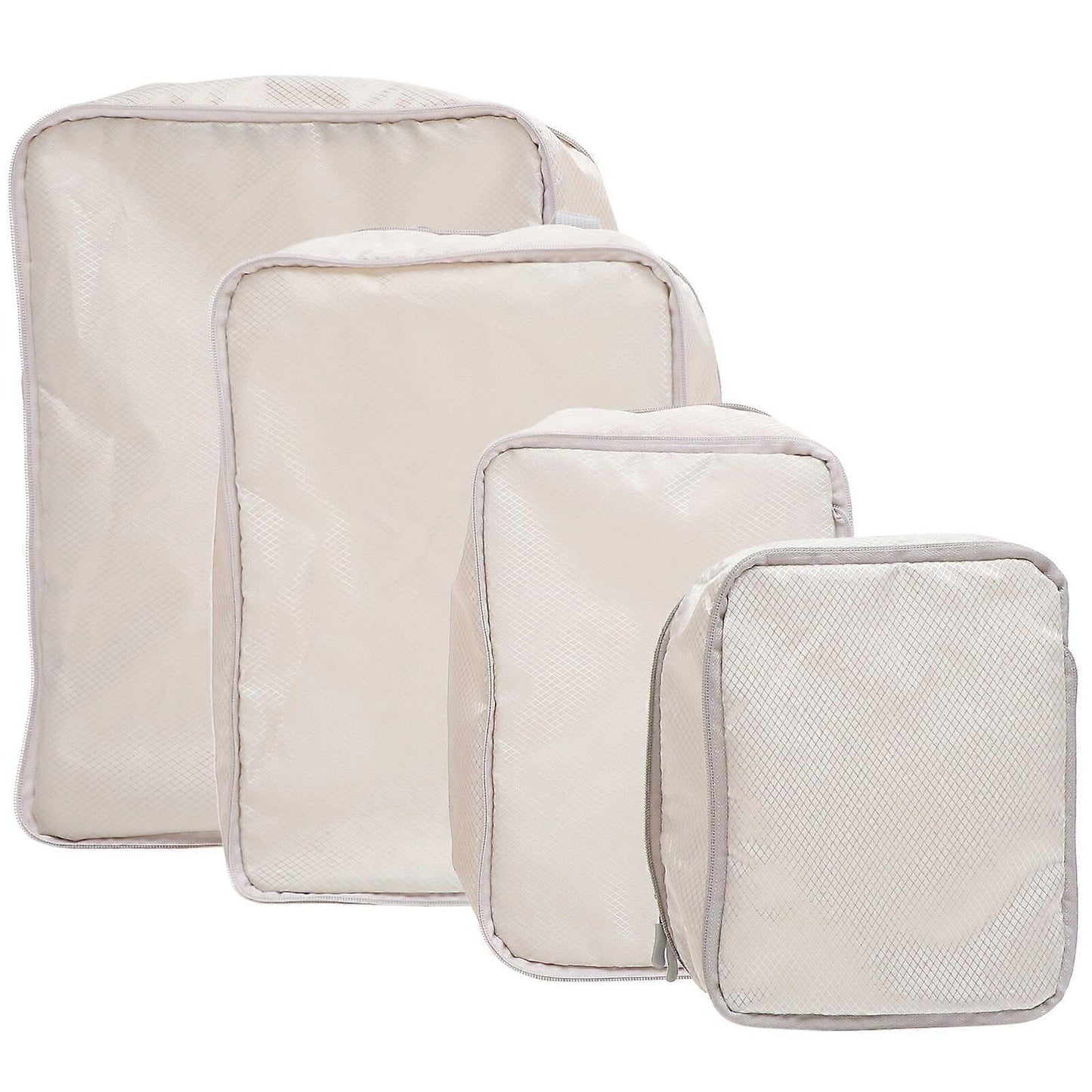 Beige packing cube set with mesh-like panels, zipper closures, four nested sizes