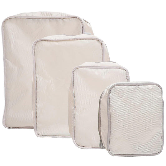 Beige packing cube set with mesh-like panels, zipper closures, four nested sizes
