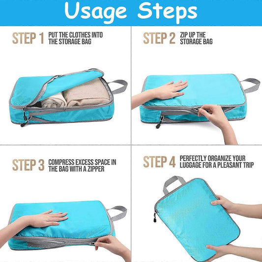 Compression packing cubes set with top zipper and stacked light blue bags