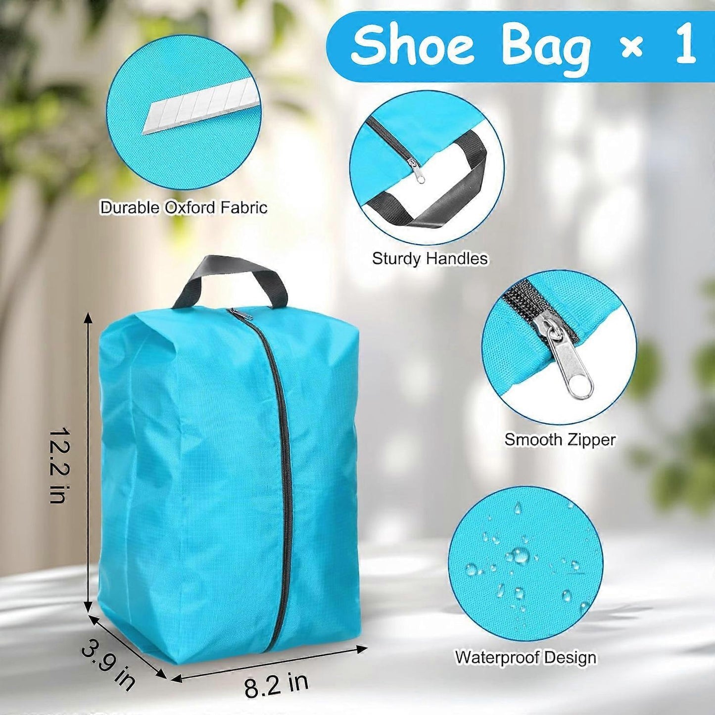 Light blue zippered shoe bag with carry strap, smooth zipper, water-resistant design