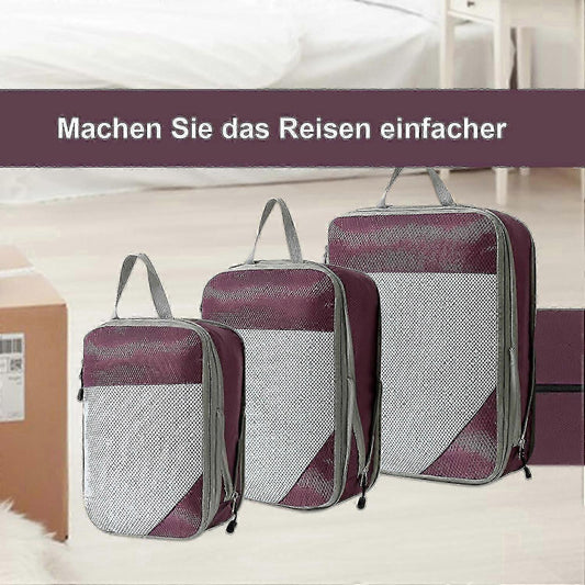 Compression packing cubes set with maroon and gray mesh panels, hanging straps.