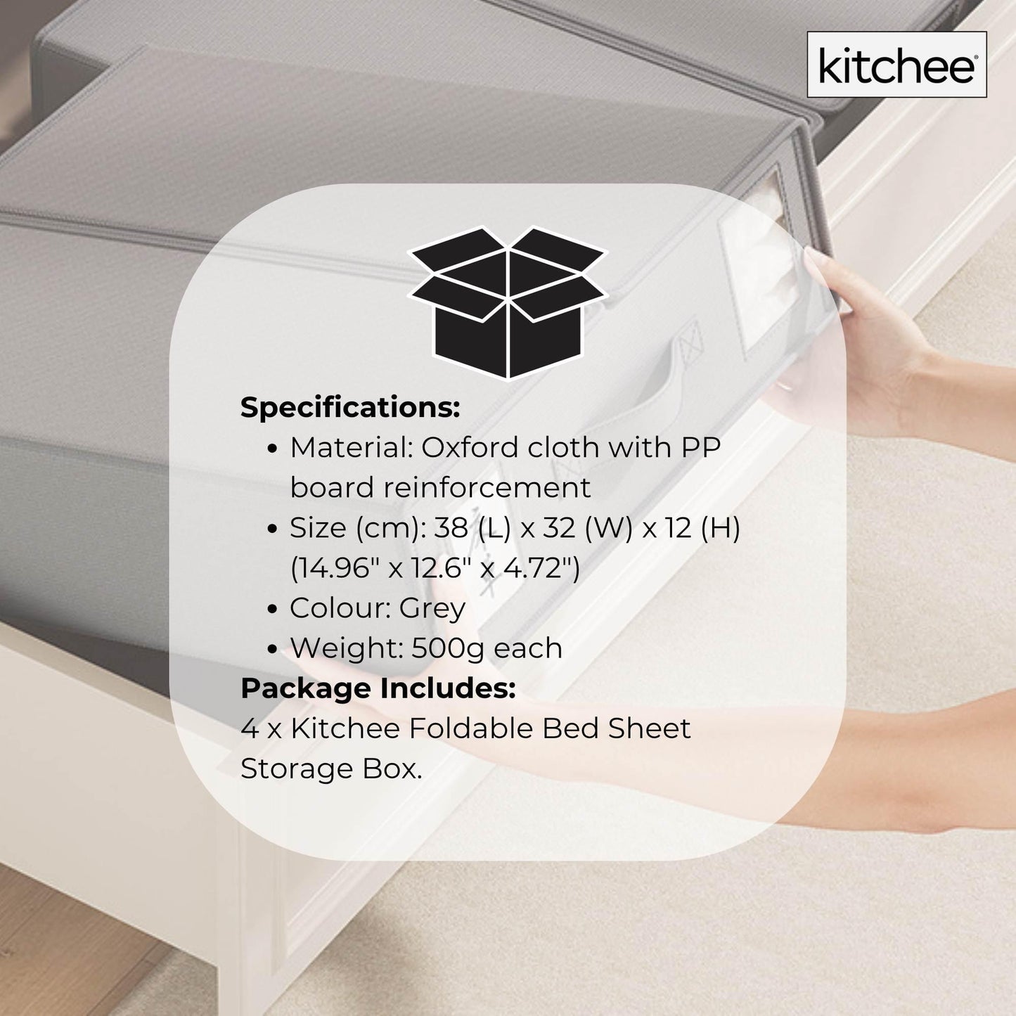 Grey foldable storage box with fabric lid and front pocket, placed on floor