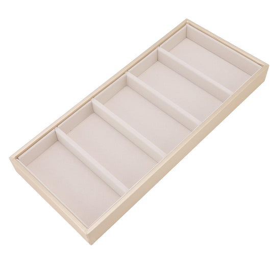 Beige 5-slot glasses storage case laid open, showing five separate padded slots