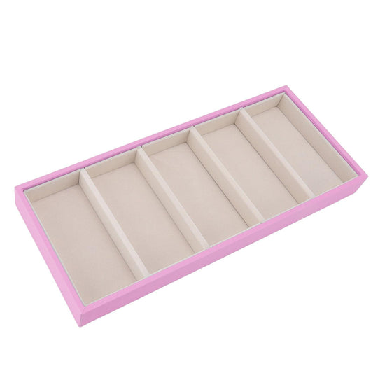 Pink 5-slot sunglasses holder case with five beige padded slots inside