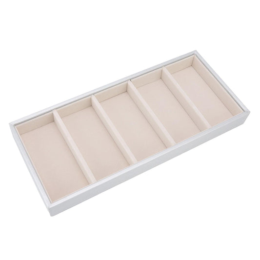 Five-compartment sunglasses storage case with beige inserts and silver frame