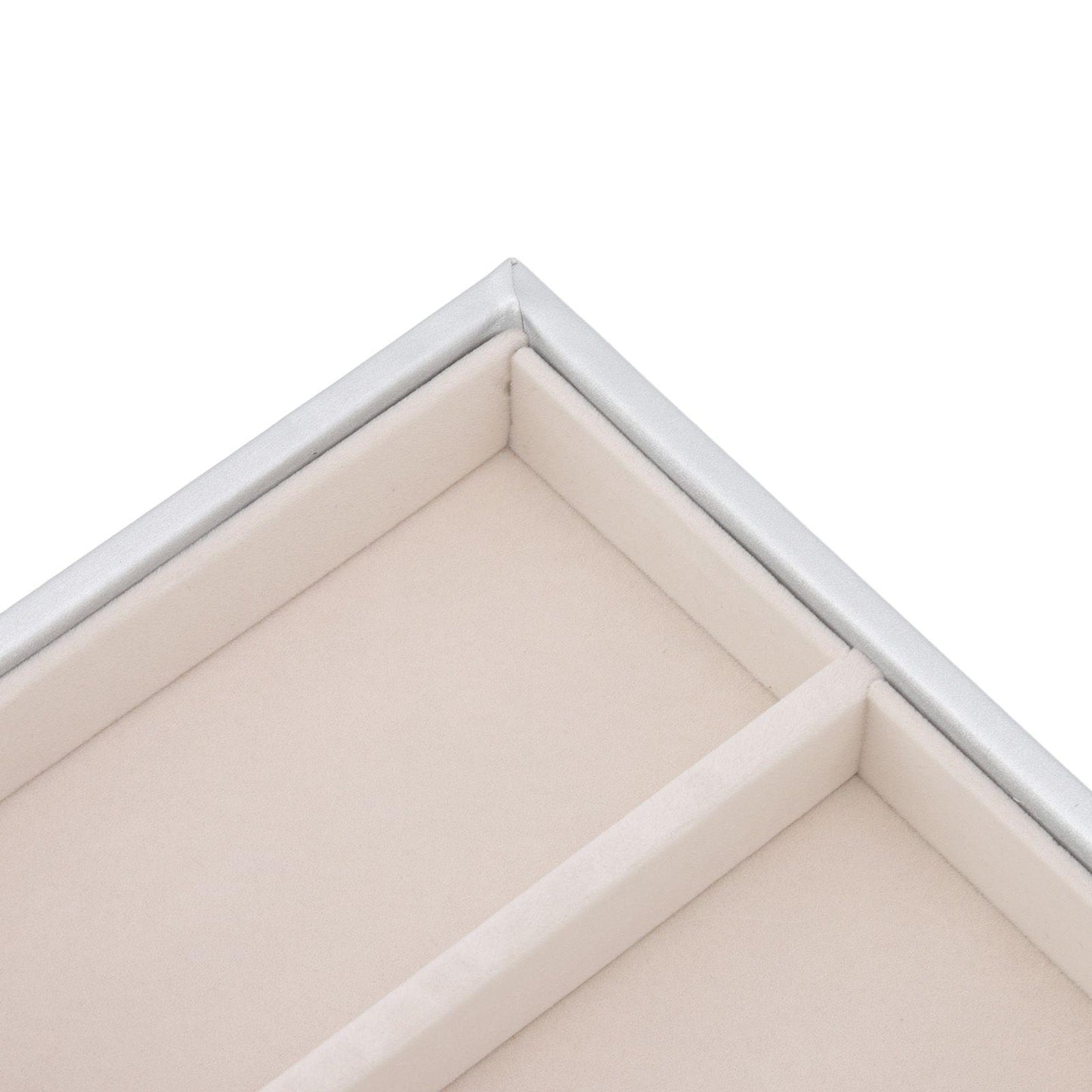 Inner corner view of beige-lined glasses storage case with compartment dividers