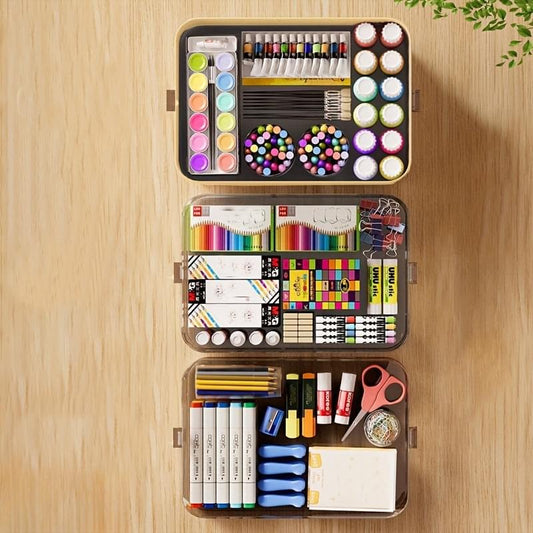 5-layer craft sewing tool storage box open with stacked trays of craft materials