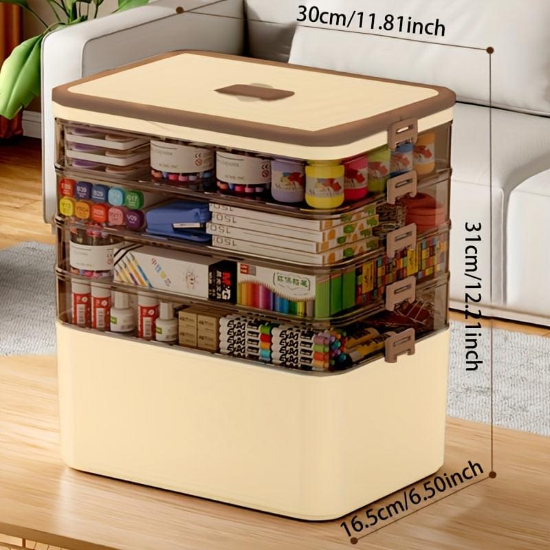 Cream 5-layer craft and sewing tool storage box with clear lid and side handles