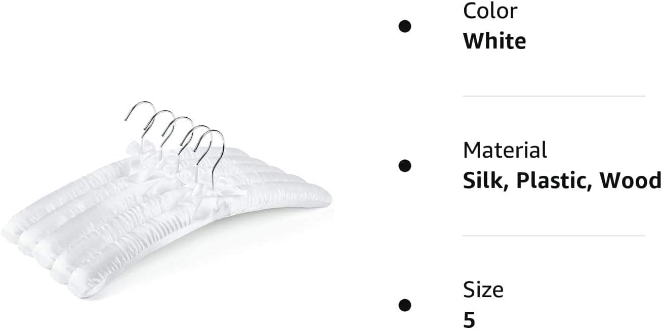 White satin padded hangers set with metal hooks, shown against a white background