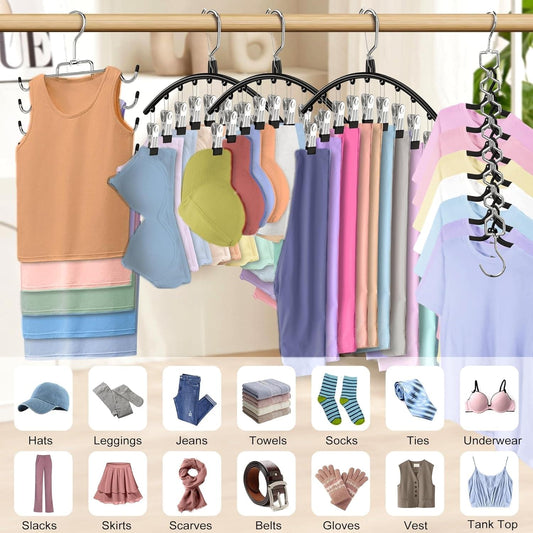 Multi-hanger rack with clipped pants and tank tops in assorted colors