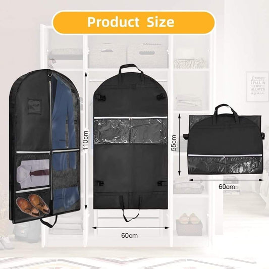 Black foldable suit garment bag shown with organizer pockets and product size diagram