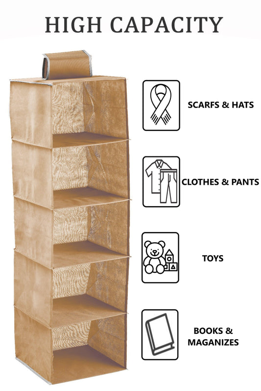 Beige 5-tier closet shelf organizer with cardboard-style cubbies for scarves, clothes, toys