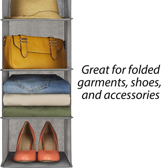 Grey 5-tier hanging organizer showing top bin, fold storage, and shoe shelf