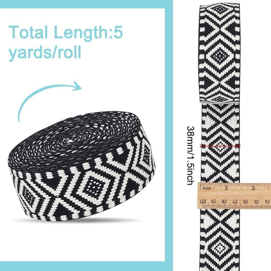 Arrow ribbon trim on roll, black/white geometric jacquard, 38mm width
