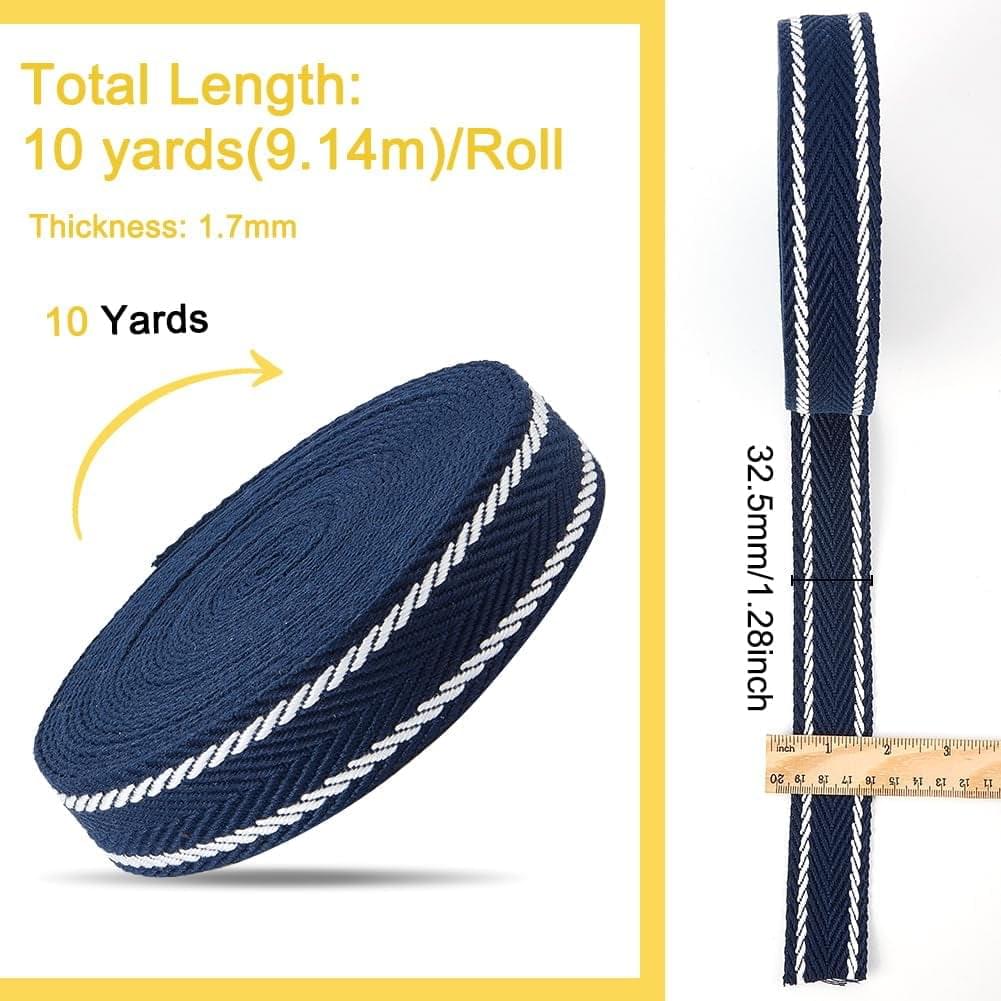 Jacquard arrow ribbon trim, navy blue roll with white diagonal stripe accents