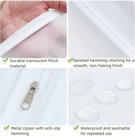 Translucent white garment bag with metal zipper and reinforced hem stitching