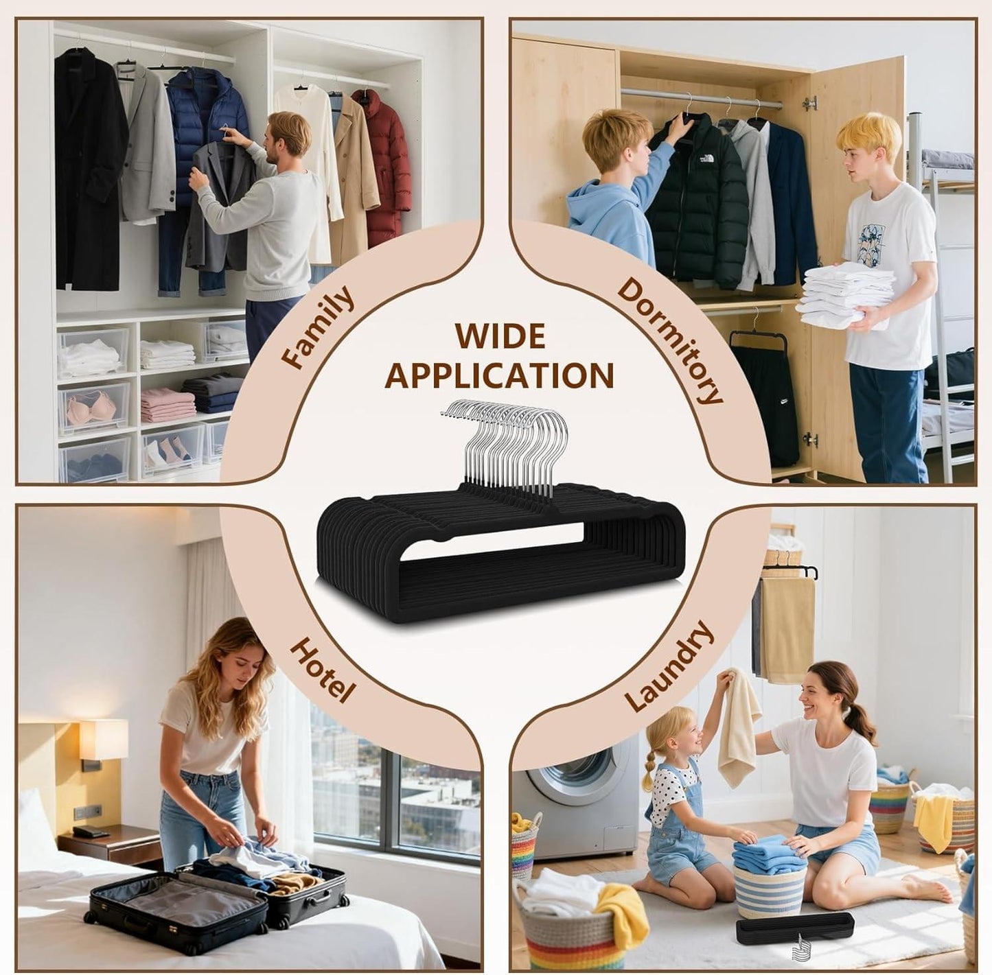 Black velvet non-slip hanger centered in a wide application storage infographic