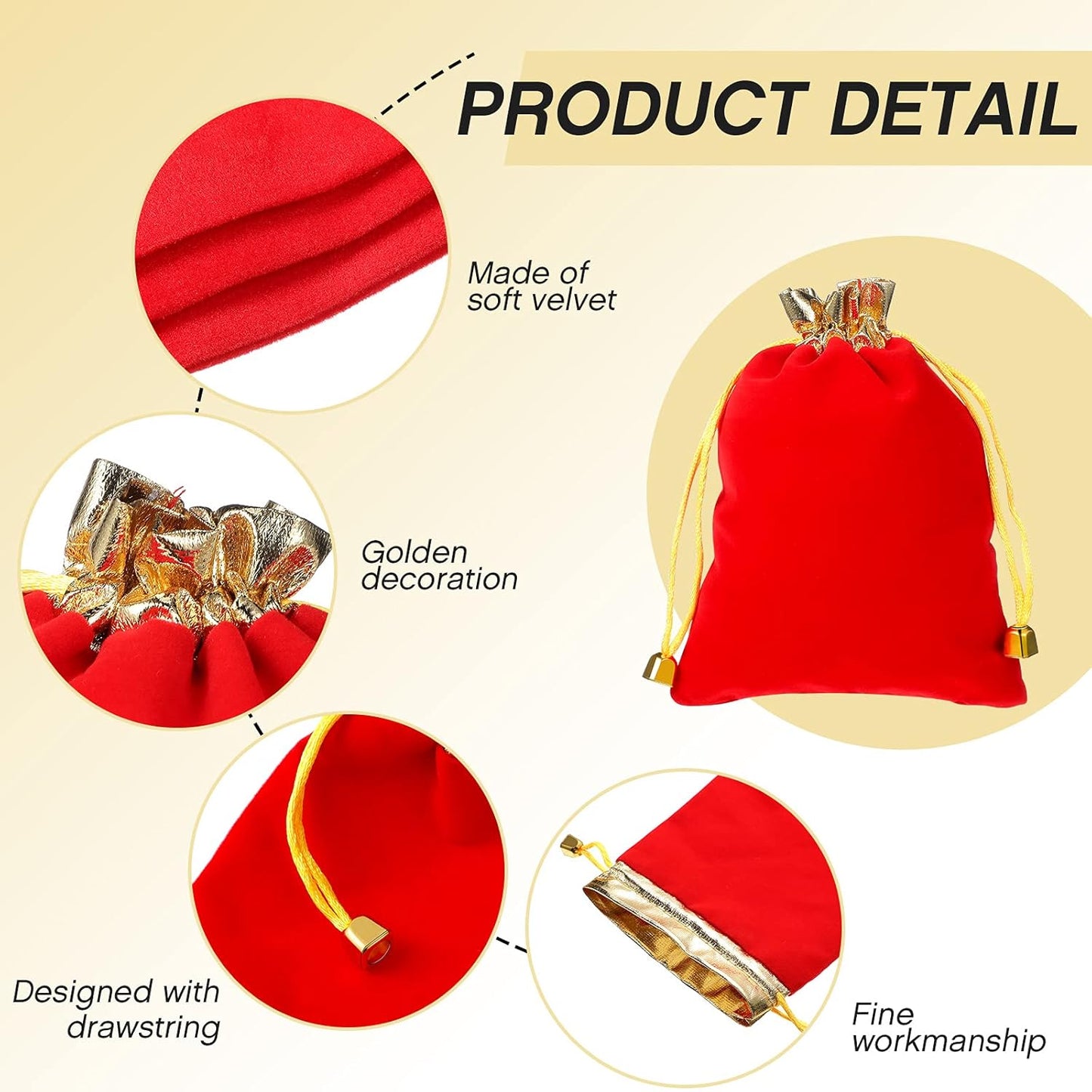 Red velvet drawstring pouch with gold-toned decorative ornament
