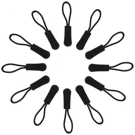 Set of black replacement zipper pulls with looped fabric tabs