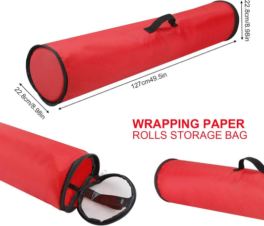 Red wrapping paper rolls storage bag with black zipper end and top handle