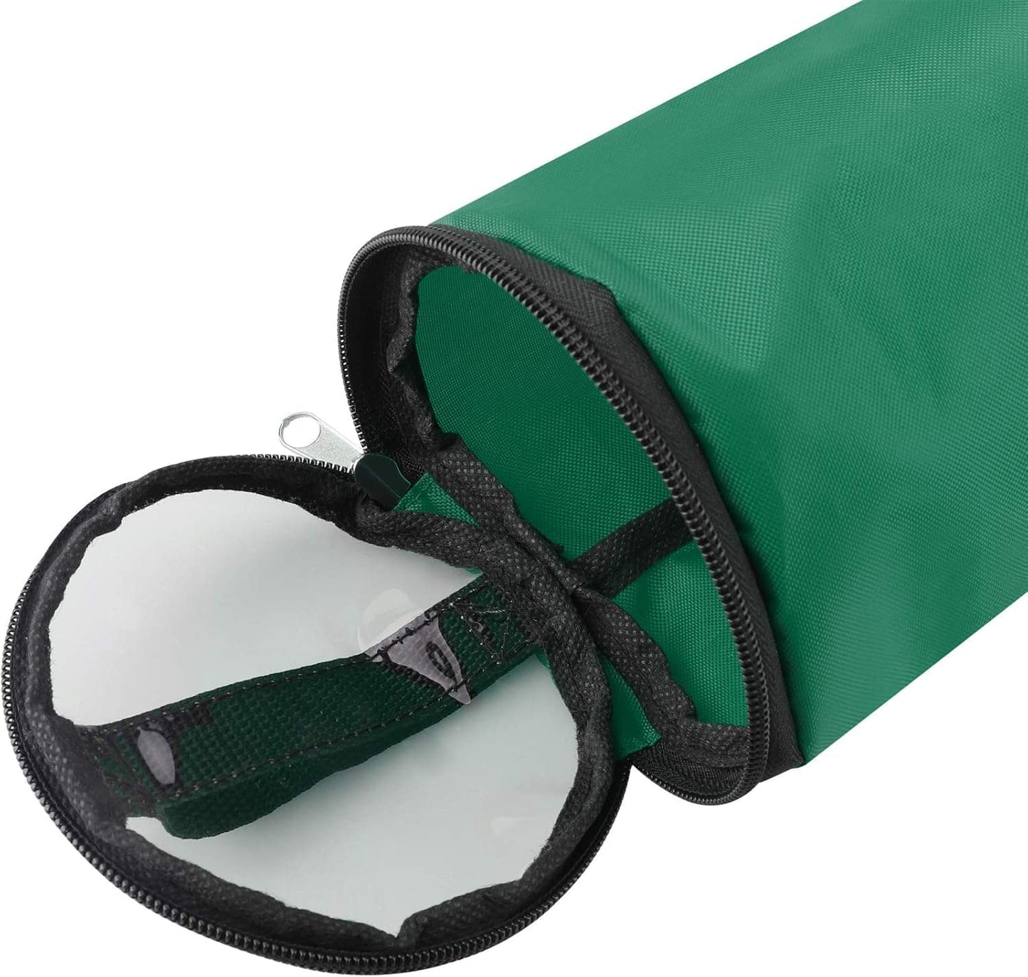 Green wrapping paper storage bag close-up of zipper opening and inner mesh window