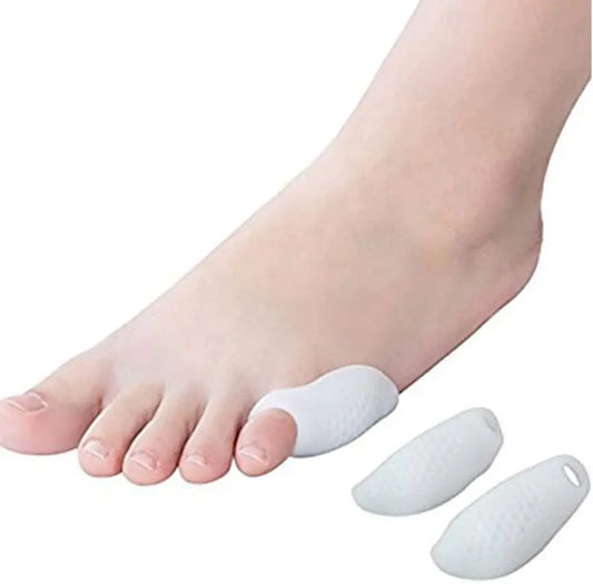 Silicone bunionette toe sleeve on foot with two spare pads, light gray-white