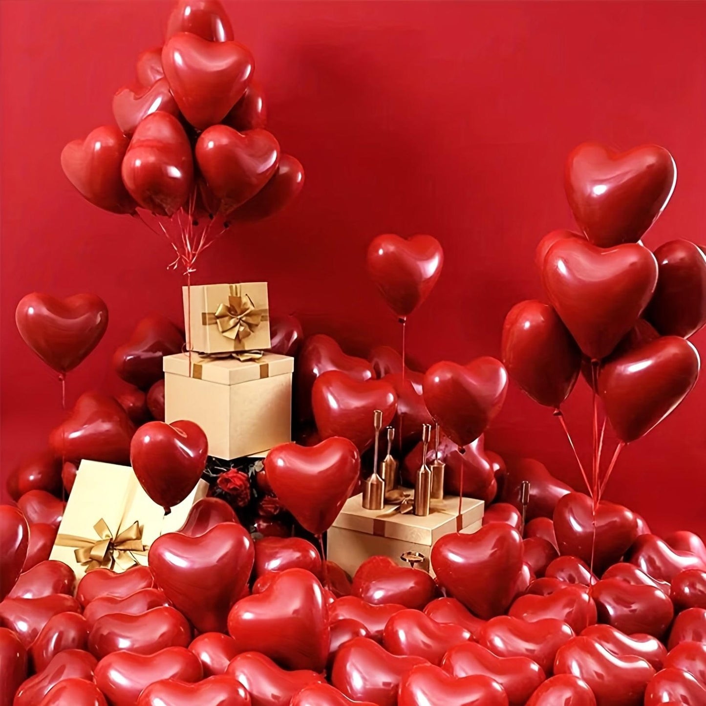 Red glossy heart balloons scattered with strings