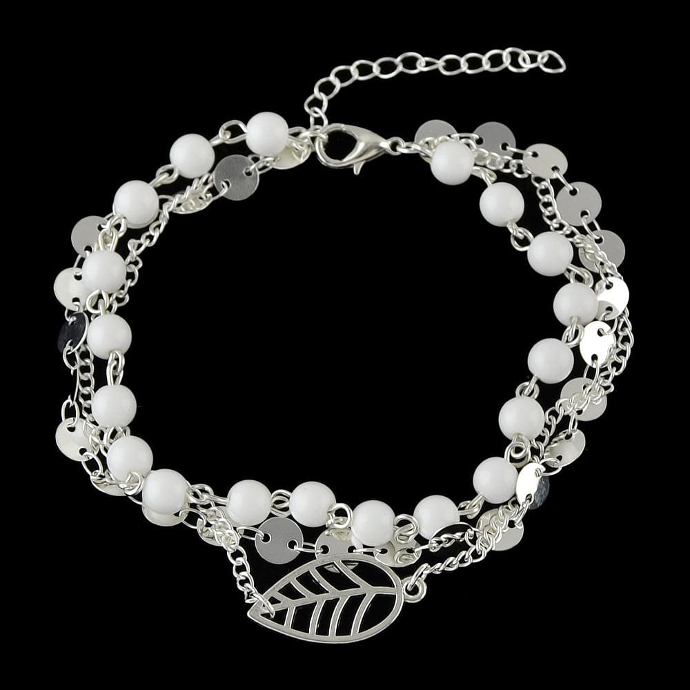 Silver-tone multi-layer anklet with white beads and leaf charm, short chain extender