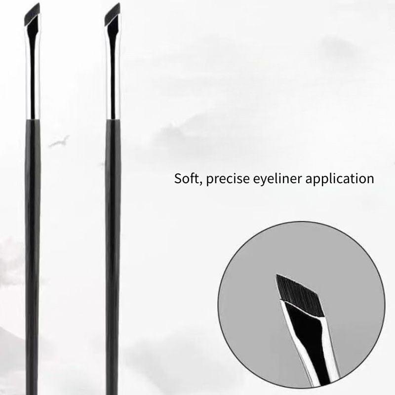 Pair of angled eyeliner brushes with black handles and pointed angled bristles