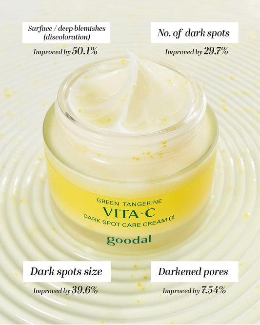 Pale-yellow Vita-C dark spot care cream in jar with glossy swirl texture