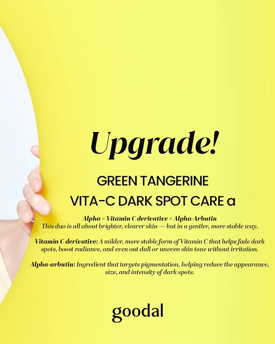 Goodal Green Tangerine Vita-C Dark Spot Care Cream promo graphic with upgrade text