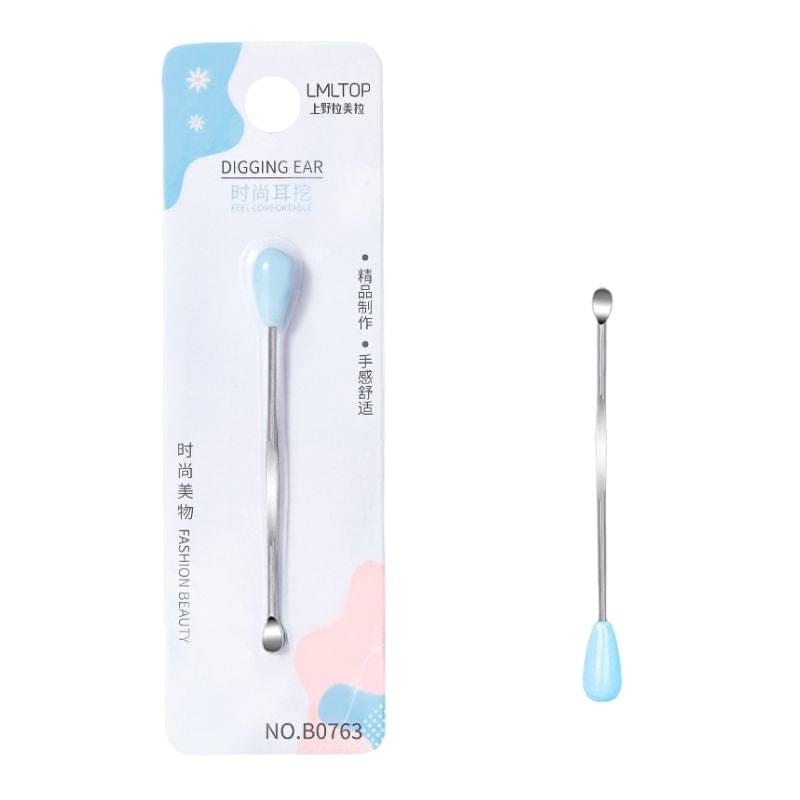 Stainless steel ear pick with blue silicone spoon tip