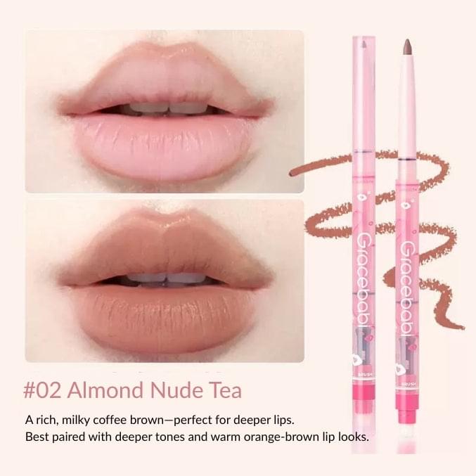 Almond nude tea matte plumping lip liner with lip swatch and two slim pencils
